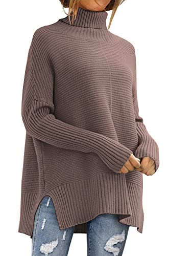 LILLUSORY Oversize-Rollkragenpullover für Damen, Herbst, Fledermausärmel, Rippstrick-Tunika, Muskatnuss, Groß von LILLUSORY