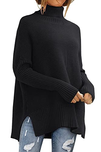 LILLUSORY Damen Rollkragenpullover Übergroße Tunika Herbst Pullover 2022 Lange Fledermausärmel Split Saum Pullover Strick Pullover Tops, schwarz, Klein von LILLUSORY