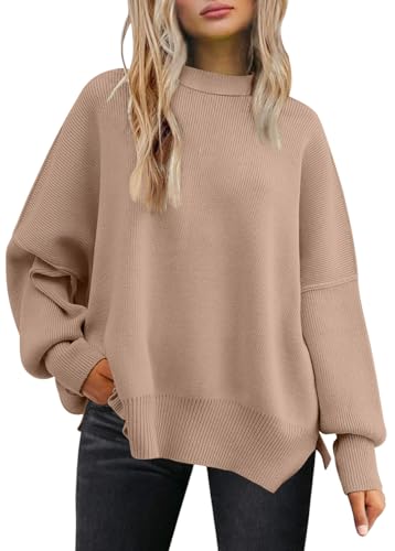LILLUSORY Damen Rundhals Fledermaus Langarm Pullover 2023 Herbst Oversized Rippstrick Seitenschlitz Pullover Top, Dunkles Apricot, Groß von LILLUSORY