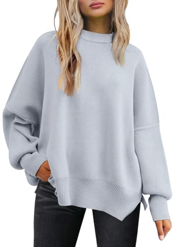 LILLUSORY Damen Rundhals Fledermaus Langarm Pullover 2023 Herbst Oversized Rippstrick Seitenschlitz Pullover Top, GRAU, Groß von LILLUSORY