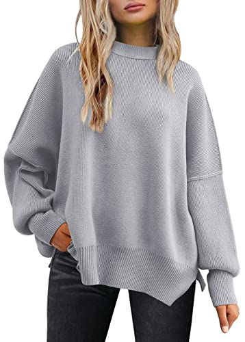 LILLUSORY Damen Rundhals Fledermaus Langarm Pullover 2023 Herbst Oversized Rippstrick Seitenschlitz Pullover Top, GRAU, Mittel von LILLUSORY