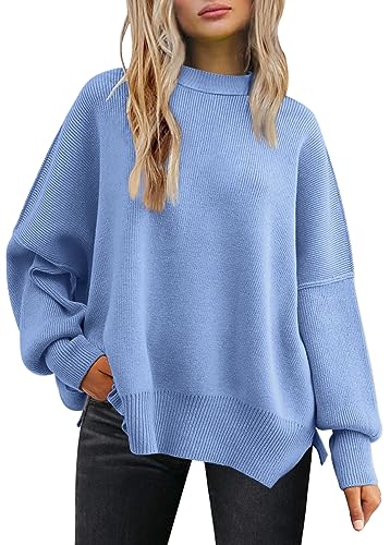 LILLUSORY Damen Rundhals Fledermaus Langarm Pullover 2023 Herbst Oversized Rippstrick Seitenschlitz Pullover Top, Hell, blau, X-Groß von LILLUSORY