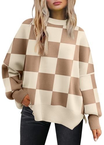 LILLUSORY Damen Rundhals Fledermaus Langarm Pullover 2023 Herbst Oversized Rippstrick Seitenschlitz Pullover Top, Karierte Aprikose, Groß von LILLUSORY