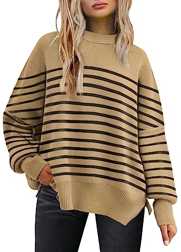 LILLUSORY Damen Rundhals Fledermaus Langarm Pullover 2023 Herbst Oversized Rippstrick Seitenschlitz Pullover Top, Khaki gestreift, Mittel von LILLUSORY