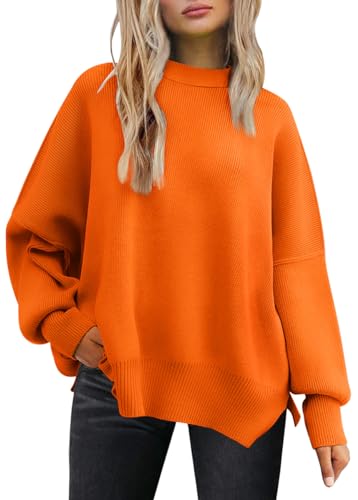 LILLUSORY Damen Rundhals Fledermaus Langarm Pullover 2023 Herbst Oversized Rippstrick Seitenschlitz Pullover Top, Orange/Abendrot im Zickzackmuster (Sunset Chevron), Mittel von LILLUSORY