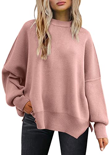 LILLUSORY Damen Rundhals Fledermaus Langarm Pullover 2023 Herbst Oversized Rippstrick Seitenschlitz Pullover Top, Pink, Klein von LILLUSORY