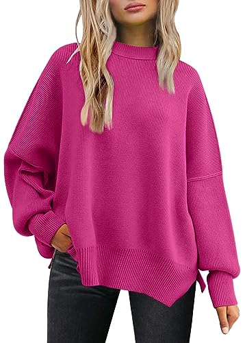 LILLUSORY Damen Rundhals Fledermaus Langarm Pullover 2023 Herbst Oversized Rippstrick Seitenschlitz Pullover Top, Rosenrot, Mittel von LILLUSORY