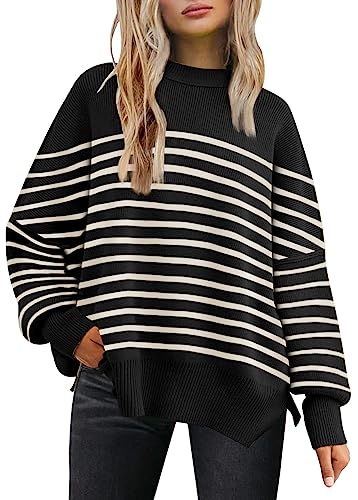 LILLUSORY Damen Rundhals Fledermaus Langarm Pullover 2023 Herbst Oversized Rippstrick Seitenschlitz Pullover Top, Streifen, Schwarz, Mittel von LILLUSORY