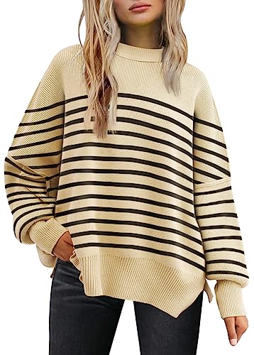 LILLUSORY Damen Rundhals Fledermaus Langarm Pullover 2023 Herbst Oversized Rippstrick Seitenschlitz Pullover Top, Streifen Apricot, Klein von LILLUSORY