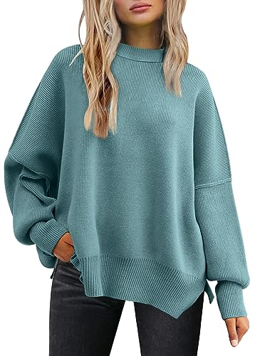 LILLUSORY Damen Rundhals Fledermaus Langarm Pullover 2023 Herbst Oversized Rippstrick Seitenschlitz Pullover Top, dunkelgrün, Groß von LILLUSORY