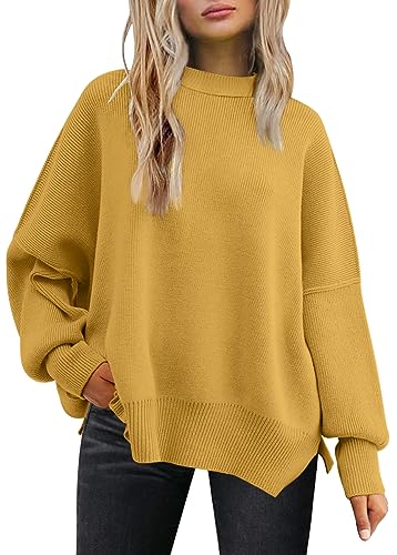 LILLUSORY Damen Rundhals Fledermaus Langarm Pullover 2023 Herbst Oversized Rippstrick Seitenschlitz Pullover Top, gelb, Groß von LILLUSORY