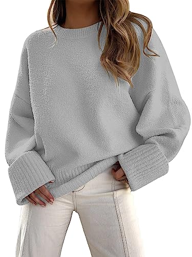 LILLUSORY Damen Rundhalsausschnitt Langarm Oversized Fuzzy Knit Chunky Warm Pullover Sweater Top, Hellgrau, Groß von LILLUSORY