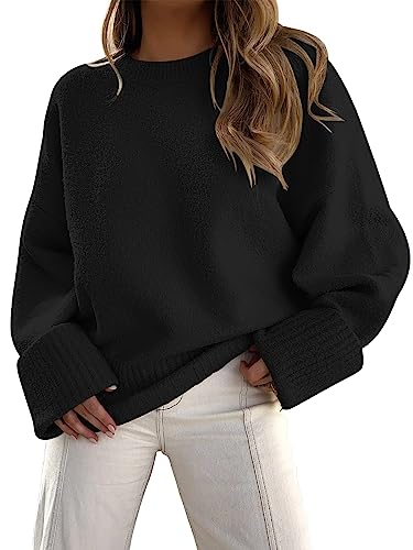 LILLUSORY Damen Rundhalsausschnitt Langarm Oversized Fuzzy Knit Chunky Warm Pullover Sweater Top, Schwarz, Groß von LILLUSORY
