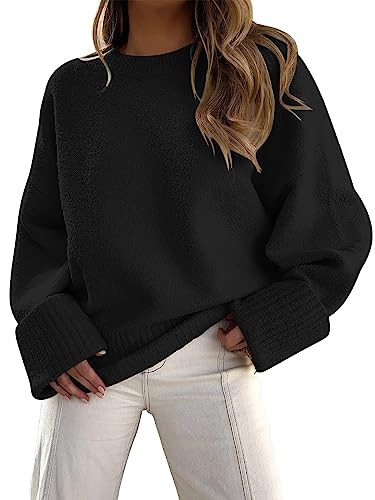 LILLUSORY Damen Rundhalsausschnitt Langarm Oversized Fuzzy Knit Chunky Warm Pullover Sweater Top, Schwarz, Klein von LILLUSORY