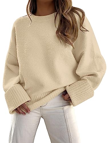LILLUSORY Damen Rundhalsausschnitt Langarm Oversized Fuzzy Knit Chunky Warm Pullover Sweater Top, aprikose, Mittel von LILLUSORY