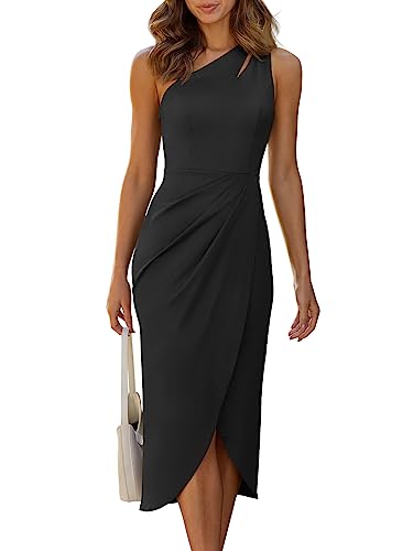 LILLUSORY Damen Sommer 2023 One Shoulder Sexy Bodycon Kleider Ärmellos Ausschnitt Geraffte Wrap Schlitz Midi Cocktailkleid, Schwarz, Groß von LILLUSORY