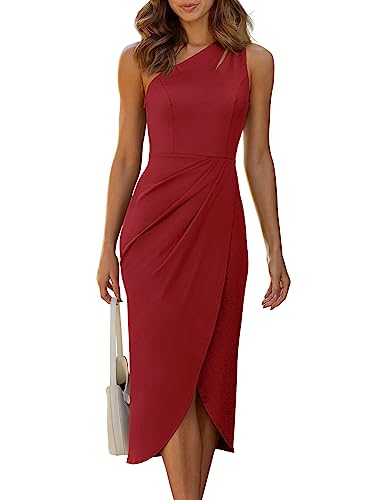 LILLUSORY Damen Sommer 2023 One Shoulder Sexy Bodycon Kleider Ärmellos Cutout Geraffte Wickelschlitz Midi Cocktailkleid, Rot/Ausflug, einfarbig (Getaway Solids), Groß von LILLUSORY