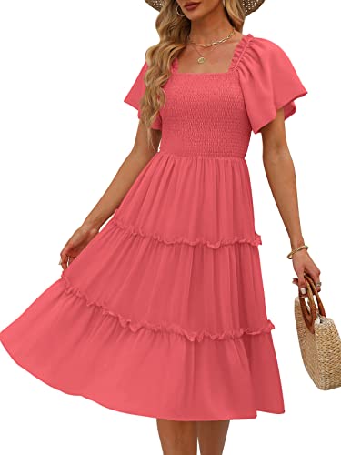 LILLUSORY Damen Sommer Casual Flowy Kurzarm Quadratischer Ausschnitt Gesmoktes Gestuftes Midikleid, Wassermelone, Mittel von LILLUSORY