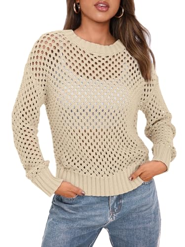 LILLUSORY Damen-Sommer-Pullover, gehäkelt, Netzstoff, lange Ärmel, Strand-Überzug, Bikini, Badeanzug, aprikose, Groß von LILLUSORY