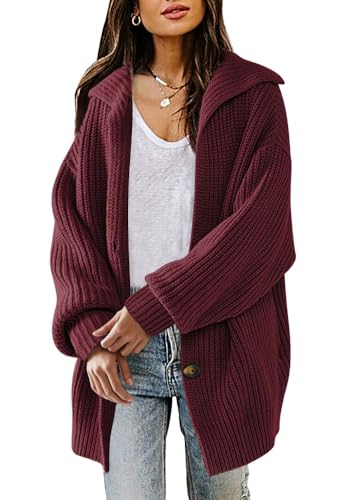 LILLUSORY Damen-Strickjacke 2023 Herbst Slouchy Open Front Button Grobstrick Pullover Mantel, Dunkelrot, Groß von LILLUSORY