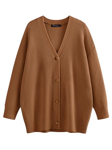 LILLUSORY Damen Strickjacke 2023 Open Front Oversized Button Leichte Pullover V-Ausschnitt Lose Strickjacken Stricken Outwear, Dunkles Apricot, Klein von LILLUSORY