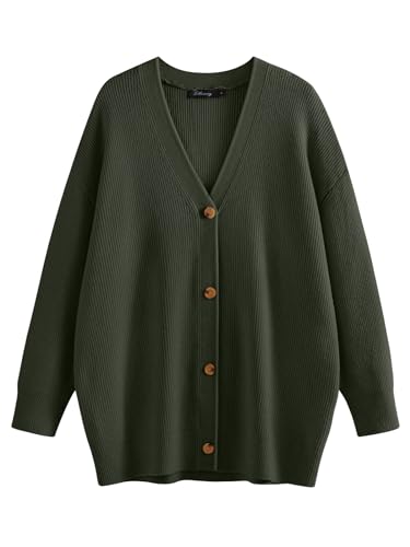 LILLUSORY Damen Strickjacke 2023 Open Front Oversized Button Leichte Pullover V-Ausschnitt Lose Strickjacken Stricken Outwear, Grün (Army Green), Groß von LILLUSORY