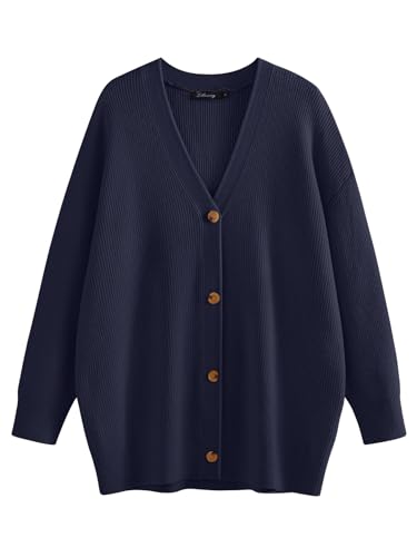 LILLUSORY Damen Strickjacke 2023 Open Front Oversized Button Leichte Pullover V-Ausschnitt Lose Strickjacken Stricken Outwear, Marineblau, Klein von LILLUSORY