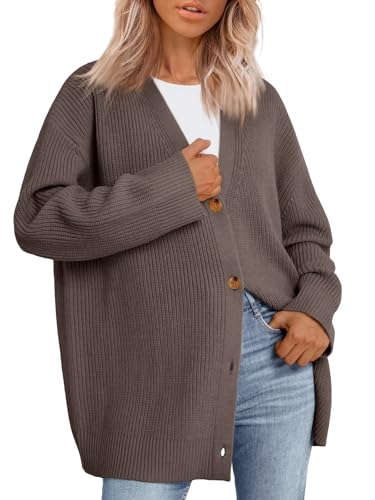 LILLUSORY Damen Strickjacke 2023 Open Front Oversized Button Leichte Pullover V-Ausschnitt Lose Strickjacken Stricken Outwear, Muskatnuss, Mittel von LILLUSORY