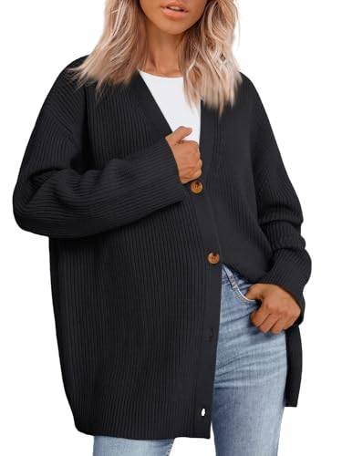 LILLUSORY Damen Strickjacke 2023 Open Front Oversized Button Leichte Pullover V-Ausschnitt Lose Strickjacken Stricken Outwear, Schwarz, X-Groß von LILLUSORY