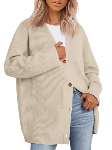 LILLUSORY Damen-Strickjacke, Übergröße, Herbst-Outfits, Stoff, modisch, V-Ausschnitt, Knopfleiste, lässig, trendiges Oberteil, aprikose, Groß von LILLUSORY