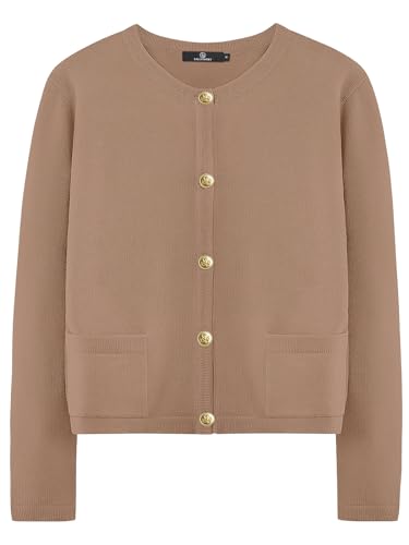 LILLUSORY Damen Strickjacke mit Rundhalsausschnitt, goldfarbene Knöpfe, Damenjacke mit aufgesetzten Taschen, Khaki, S LILLUSORY Damen Strickjacke mit Rundhalsausschnitt, goldfarbene Knöpfe, Damenjacke mit aufgesetzten Taschen, Khaki, S von LILLUSORY