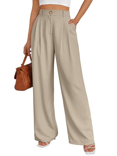 LILLUSORY Damenhose Schlaghose mit weitem Bein, hohe Taille, Business-Freizeithose, Hellkhaki, Groß von LILLUSORY