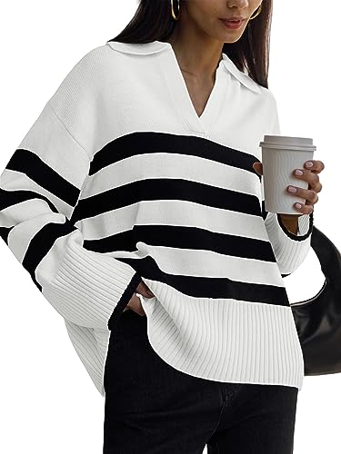 LILLUSORY Herbst Damen Gestreifte Mode 2023 Pullover Kragen Übergroße Outfits Strickpullover Tunika Tops, Weiss/opulenter Garten, Groß von LILLUSORY