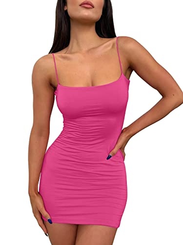 LILLUSORY Minikleid Sexy Bodycon Kleid 2023 Sommer Kurzes Kleid Rückenfrei Spaghettiträger Enge Kleider Party Club Kleid, Pink, X-Klein von LILLUSORY
