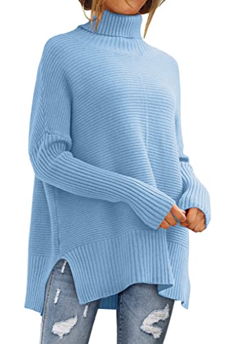 LILLUSORY Oversize-Rollkragenpullover für Damen, Herbst, Fledermausärmel, Rippstrick-Tunika, Blau, X-Groß von LILLUSORY