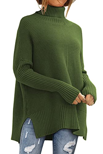 LILLUSORY Oversize-Rollkragenpullover für Damen, Herbst, Fledermausärmel, Rippstrick-Tunika, Grün (Army Green), Groß von LILLUSORY