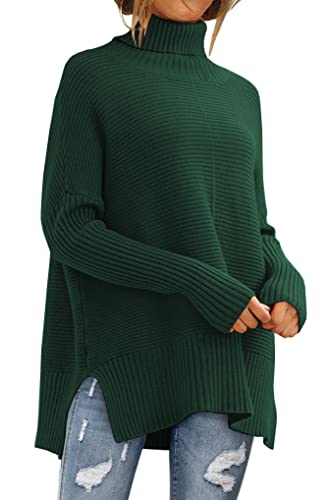 LILLUSORY Oversize-Rollkragenpullover für Damen, Herbst, Fledermausärmel, Rippstrick-Tunika, Grün , Groß von LILLUSORY