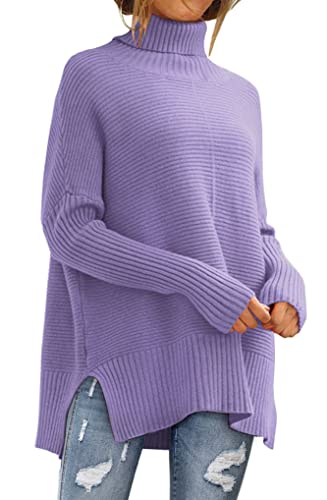 LILLUSORY Oversize-Rollkragenpullover für Damen, Herbst, Fledermausärmel, Rippstrick-Tunika, Helles Violett, Mittel von LILLUSORY