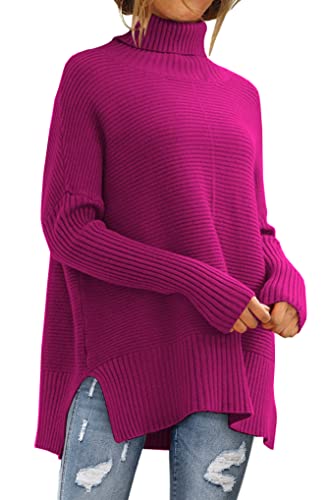 LILLUSORY Oversize-Rollkragenpullover für Damen, Herbst, Fledermausärmel, Rippstrick-Tunika, Knallpink (Hot Pink), Groß von LILLUSORY