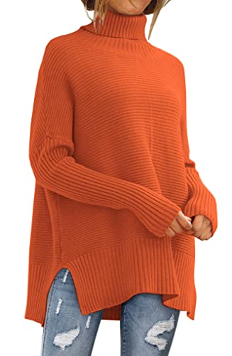 LILLUSORY Oversize-Rollkragenpullover für Damen, Herbst, Fledermausärmel, Rippstrick-Tunika, Orange/Abendrot im Zickzackmuster (Sunset Chevron), Groß von LILLUSORY