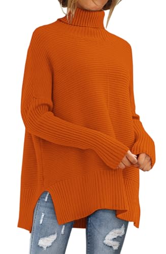 LILLUSORY Oversize-Rollkragenpullover für Damen, Herbst, Fledermausärmel, Rippstrick-Tunika, Orange/Abendrot im Zickzackmuster (Sunset Chevron), Mittel von LILLUSORY