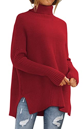 LILLUSORY Oversize-Rollkragenpullover für Damen, Herbst, Fledermausärmel, Rippstrick-Tunika, Rot/Ausflug, einfarbig (Getaway Solids), Klein von LILLUSORY