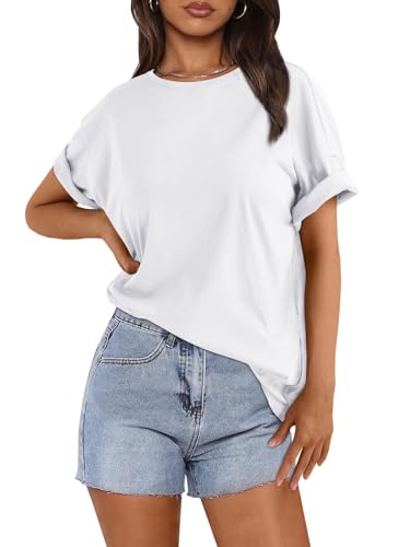 LILLUSORY Oversized T Shirts Damen Loose Fit Rundhals Kurzarm Tops Basic Tees, Weiss/opulenter Garten, Medium von LILLUSORY