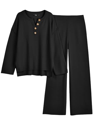LILLUSORY Trendige 2-teilige Outfits Übergroße Slouchy 2022 Winter passende Lounge-Sets Gemütliche Strick-Loungewear-Pullover-Sets, Schwarz, Large von LILLUSORY