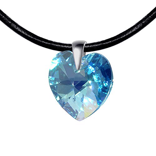 Damen Leder-Kette schwarz Swarovski Elements Herz hell-blau längen-verstellbar Schmuck-Beutel Beste Freundin Geschenke von LILLY MARIE