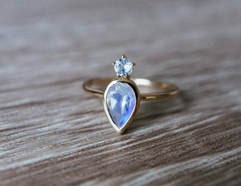 Massiver 18K Gold Mondsteinring 14K Roségold Blauer Mondstein Aquamarin Verlobungsring Multi Edelstein Weißgold Geburtsstein Ehering von LILOOKS