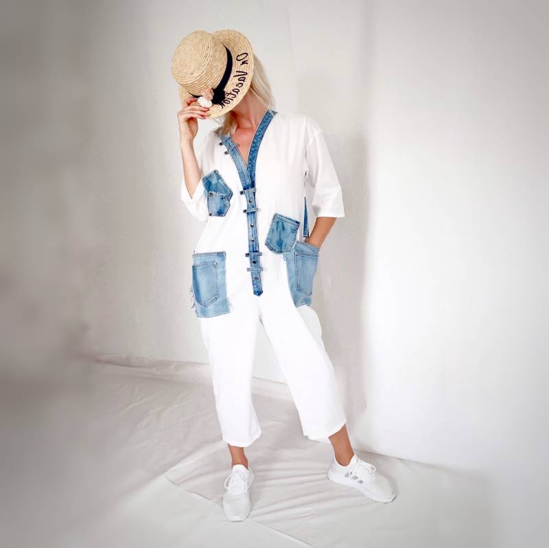 White Jumpsuit Sleeve Site M-L, V-Neck Overall, Lightweight Linen Loose Fit, Designer Denim Boho With Applique von LILUBerlin