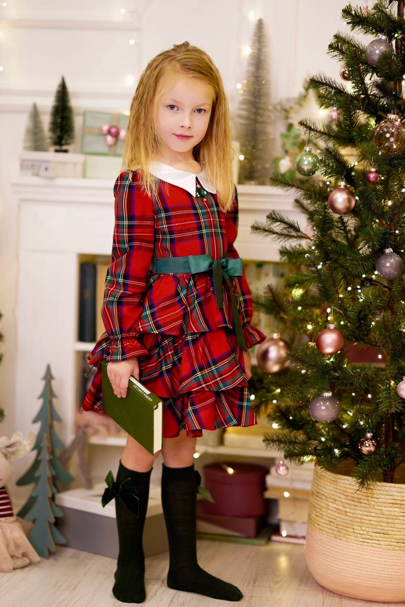 Mädchen Rot Tartan Kariertes Kleid, Geraffte Weihnachts Outfit von LILUkidsBERLIN