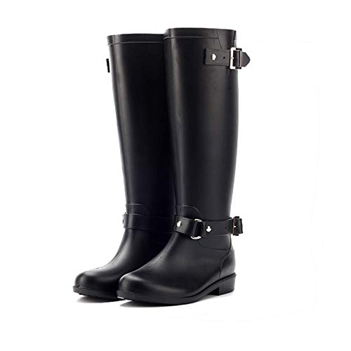 AONEGOLD Gummistiefel Regenstiefel Damen Langschaft wasserdichte Regen Boots mit Blockabsatz Reißverschluss Schnalle Schneestiefel Gartenschuhe(Schwarz 1,Größe 38) von AONEGOLD