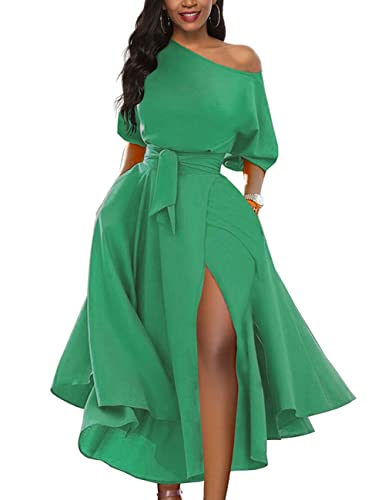LILYIN Damen Elegantes One-Shoulder-Kleid, kurzärmelig, mit Gürtel, Seitenschlitz, Cocktail-Party, Swing-Kleid mit Taschen, smaragdgrün, X-Groß von LILYIN
